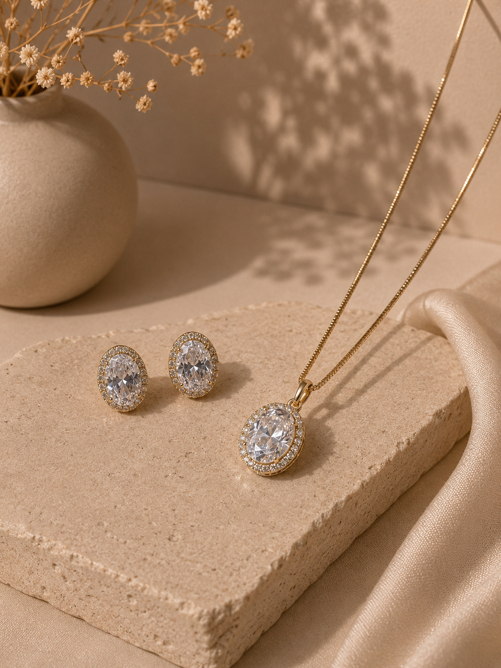 Conjunto Folhado Ouro Ponto de Luz Grande Oval Cravejado